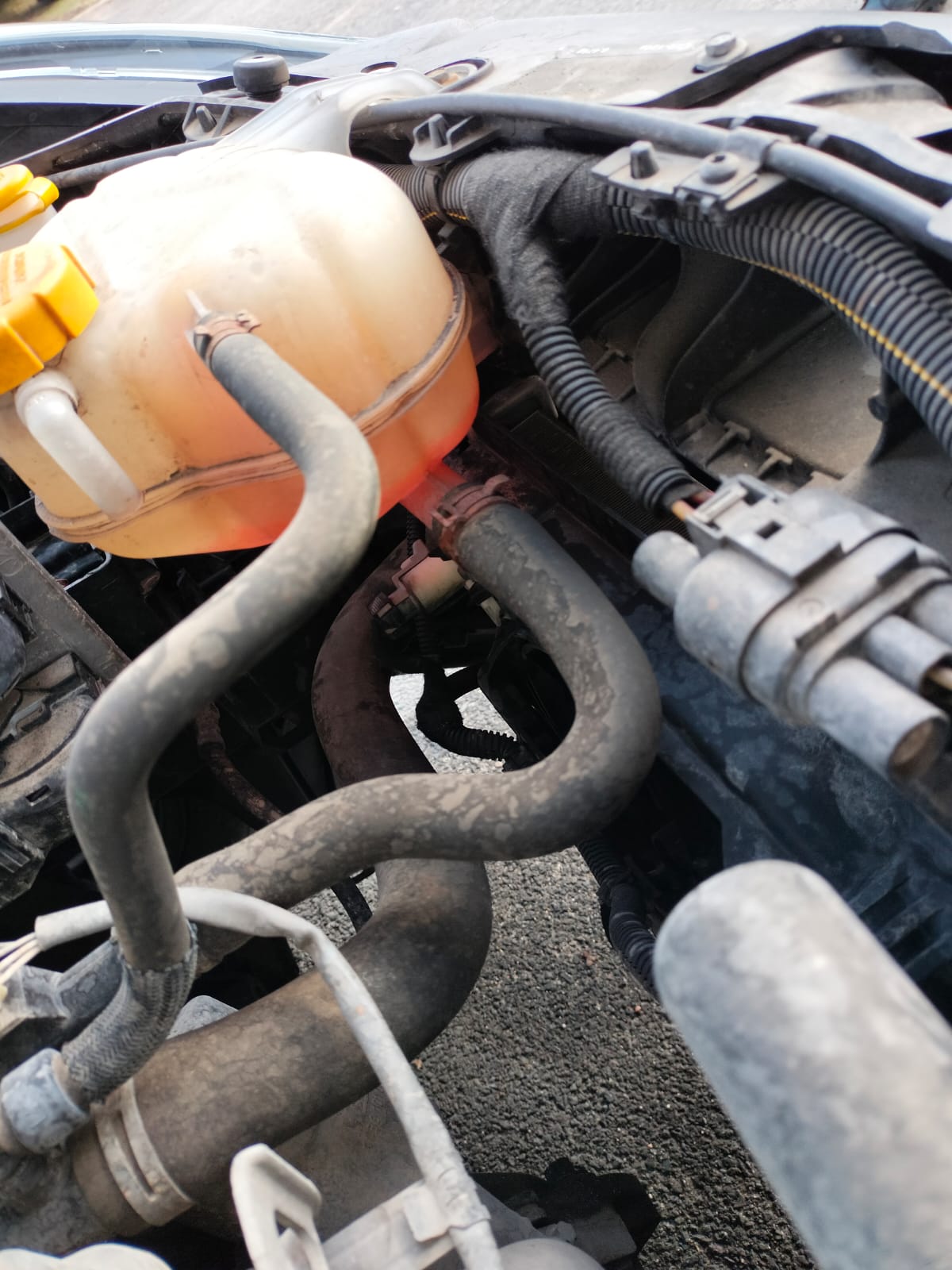 Usterka w komorze silnika – widoczne wycieki płynu chłodniczego w okolicy zbiorniczka wyrównawczego i przewodów układu chłodzenia.